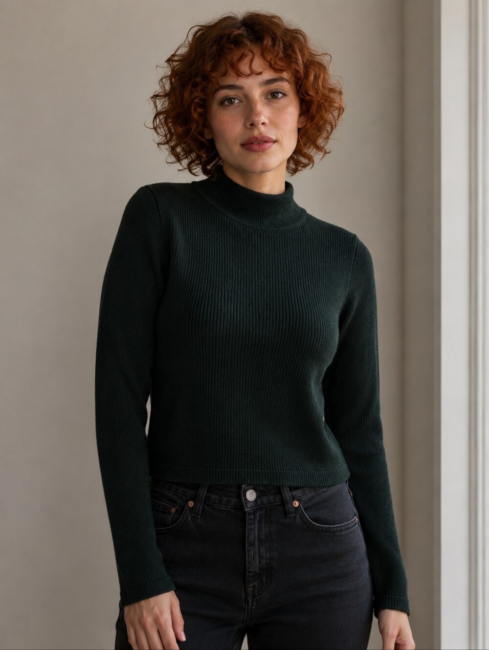 Twik Simons Ribbed Mock Neck Cropped Sweater Dark Forest Green Medium